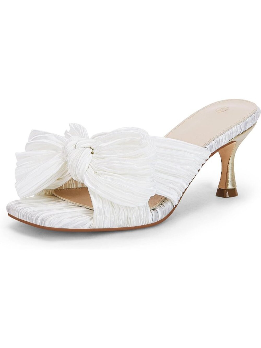 Women's White Pleated Bowknot Open Square Toe Mules Slip On Cute Kitten Heels